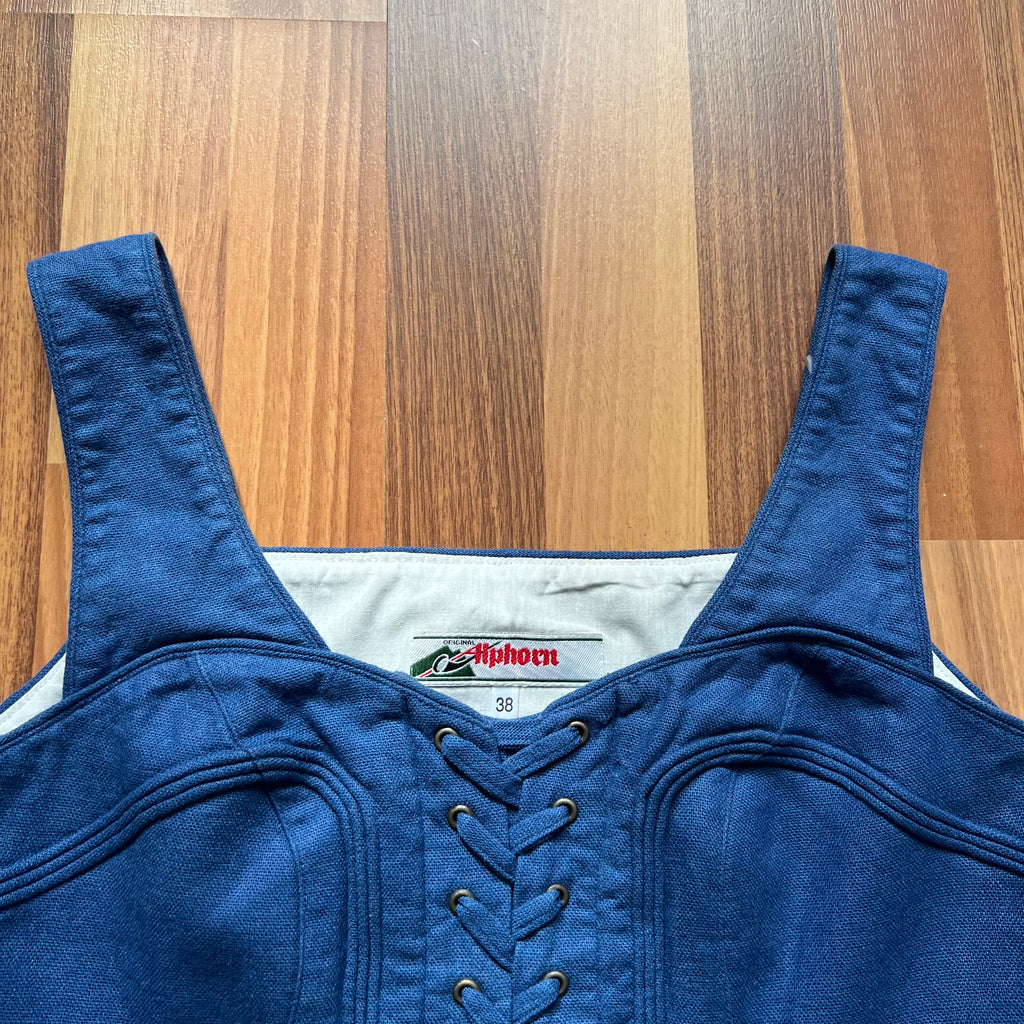 1980s Alphorn Blue Trachten Bodice Bavarian Folk Linen Blend Dirndl Corset Top EU 38