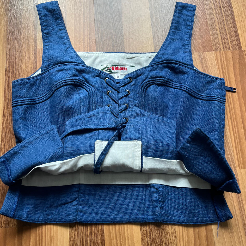 1980s Alphorn Blue Trachten Bodice Bavarian Folk Linen Blend Dirndl Corset Top EU 38