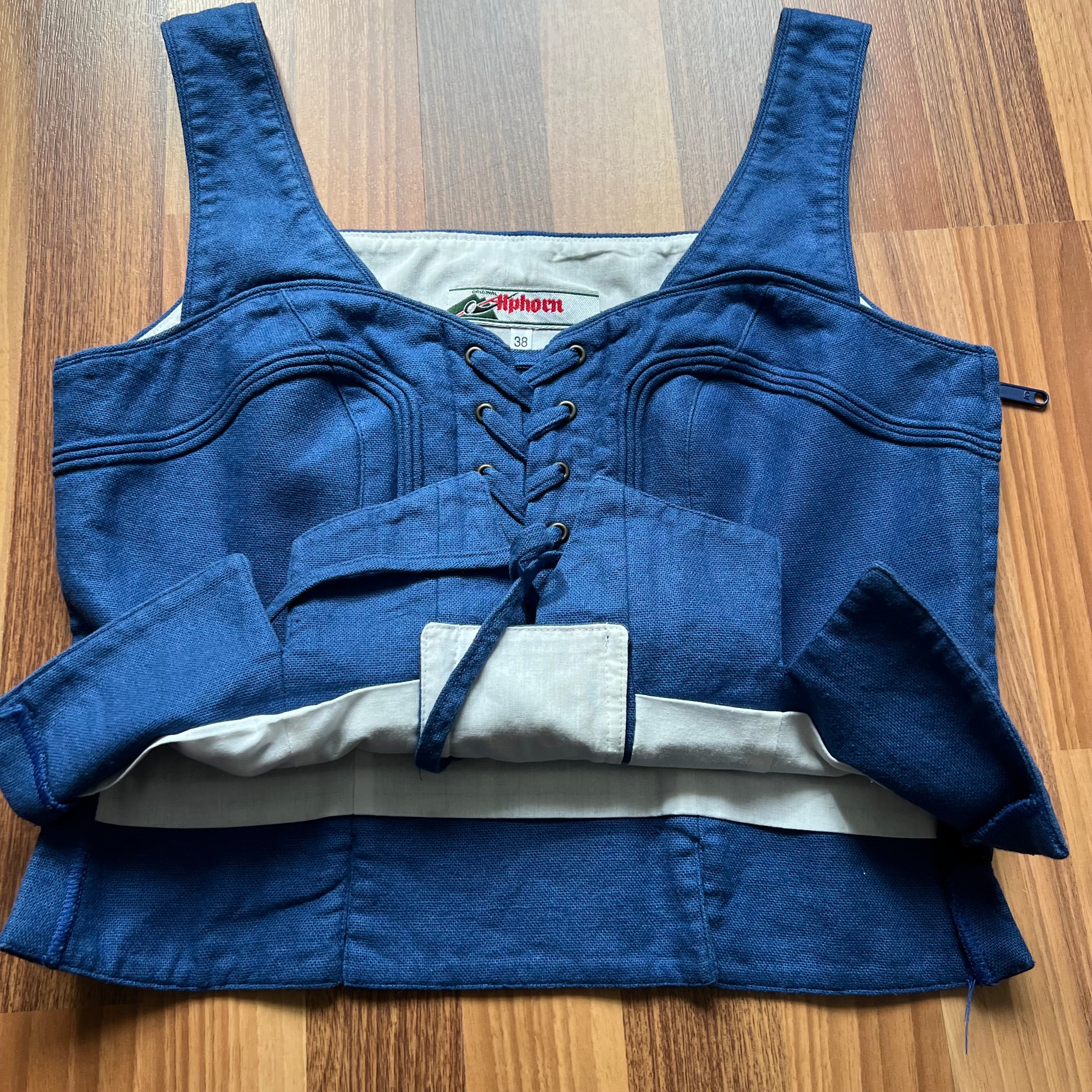 1980s Alphorn Blue Trachten Bodice Bavarian Folk Linen Blend Dirndl Corset Top EU 38