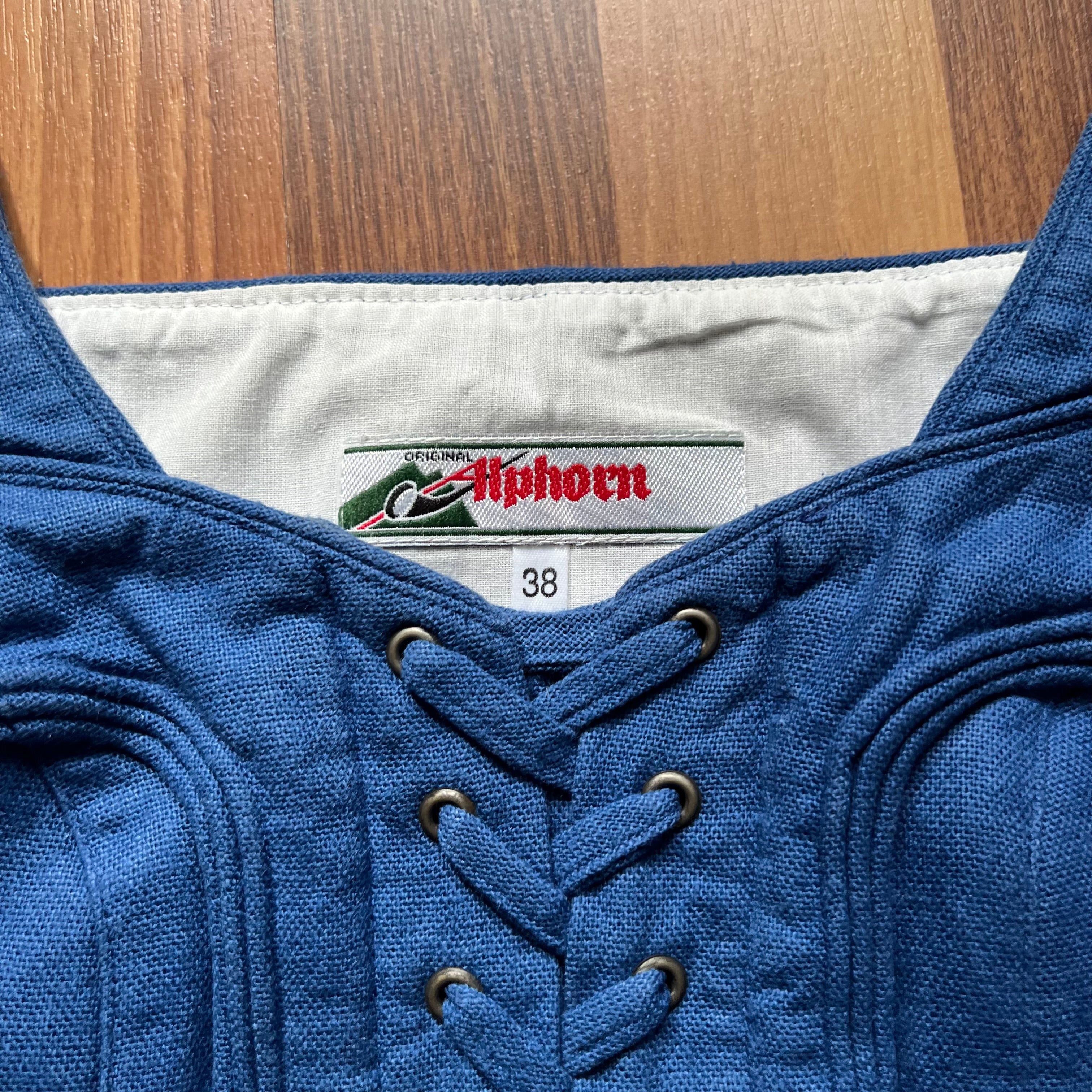 1980s Alphorn Blue Trachten Bodice Bavarian Folk Linen Blend Dirndl Corset Top EU 38