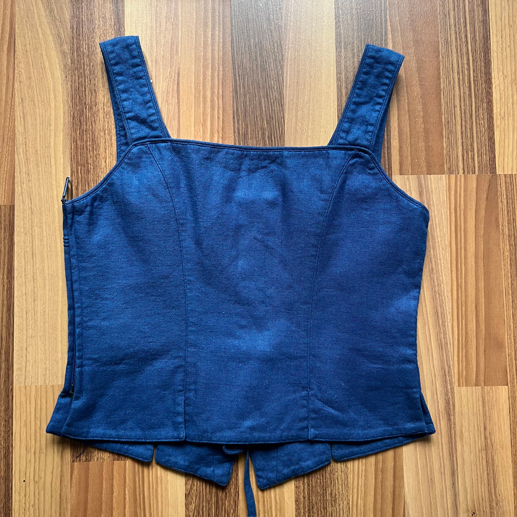 1980s Alphorn Blue Trachten Bodice Bavarian Folk Linen Blend Dirndl Corset Top EU 38