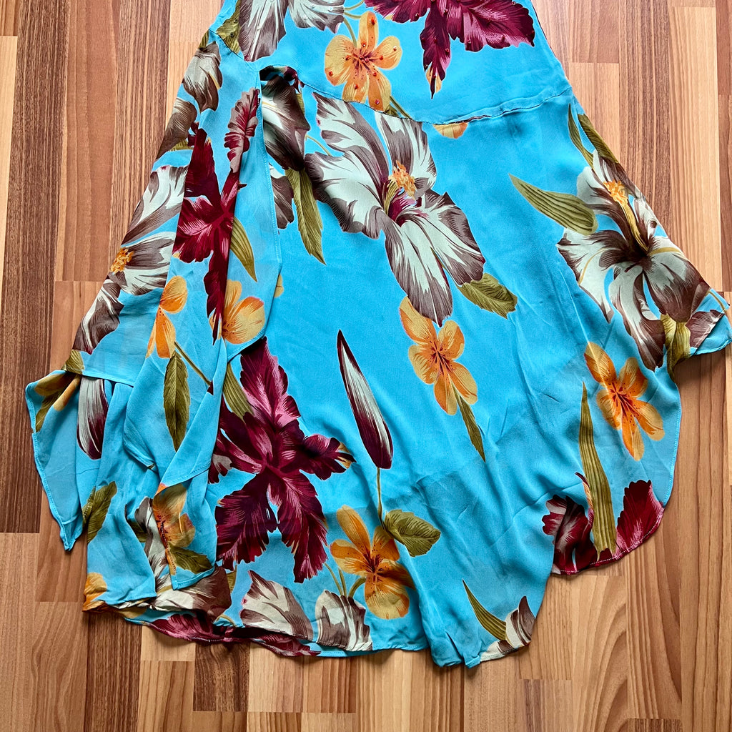 Y2K Blue Floral Fairy Cami Dress-Tropical Print Asymmetric Midi Dress-Spaghetti Straps 2000s Slip Dress