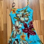 Y2K Blue Floral Fairy Cami Dress-Tropical Print Asymmetric Midi Dress-Spaghetti Straps 2000s Slip Dress