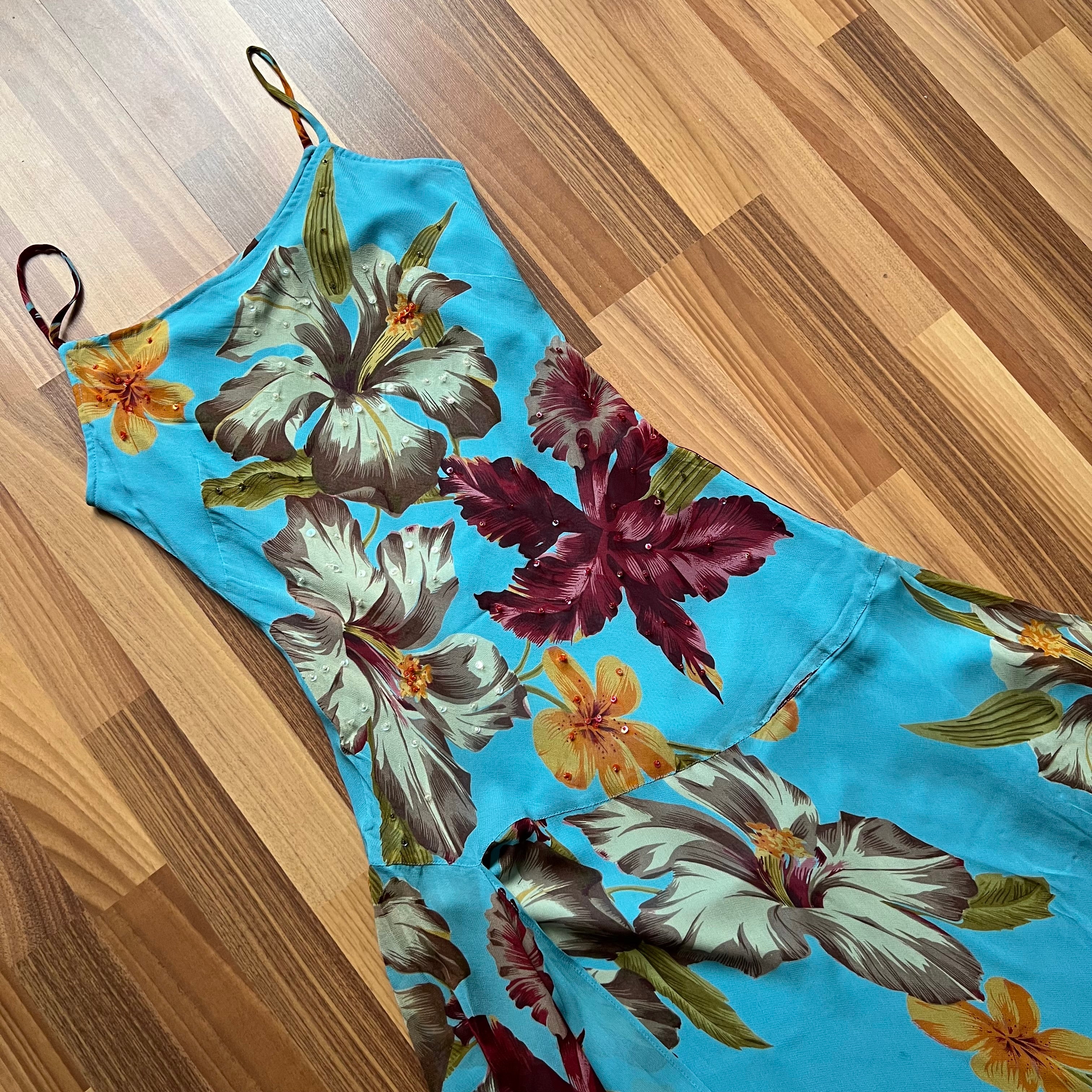 Y2K Blue Floral Fairy Cami Dress-Tropical Print Asymmetric Midi Dress-Spaghetti Straps 2000s Slip Dress