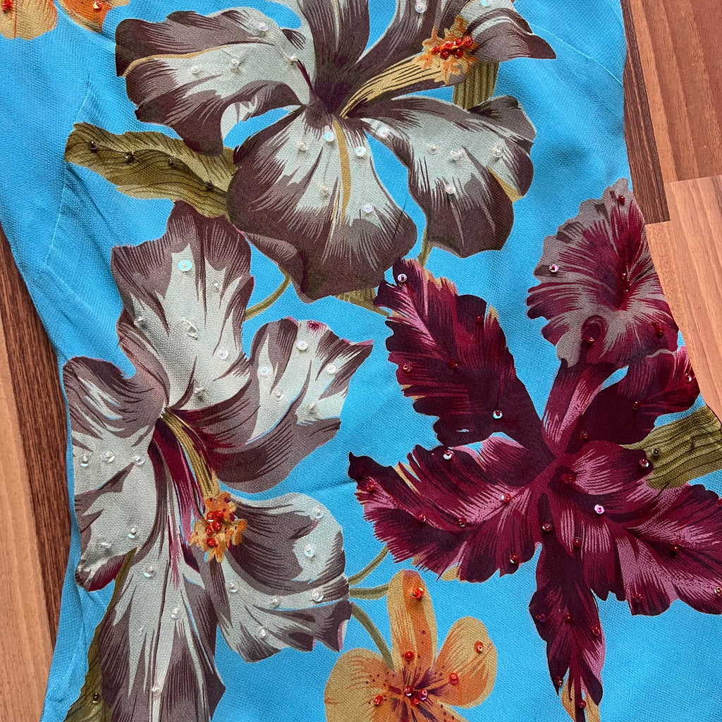Y2K Blue Floral Fairy Cami Dress-Tropical Print Asymmetric Midi Dress-Spaghetti Straps 2000s Slip Dress