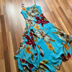 Y2K Blue Floral Fairy Cami Dress-Tropical Print Asymmetric Midi Dress-Spaghetti Straps 2000s Slip Dress