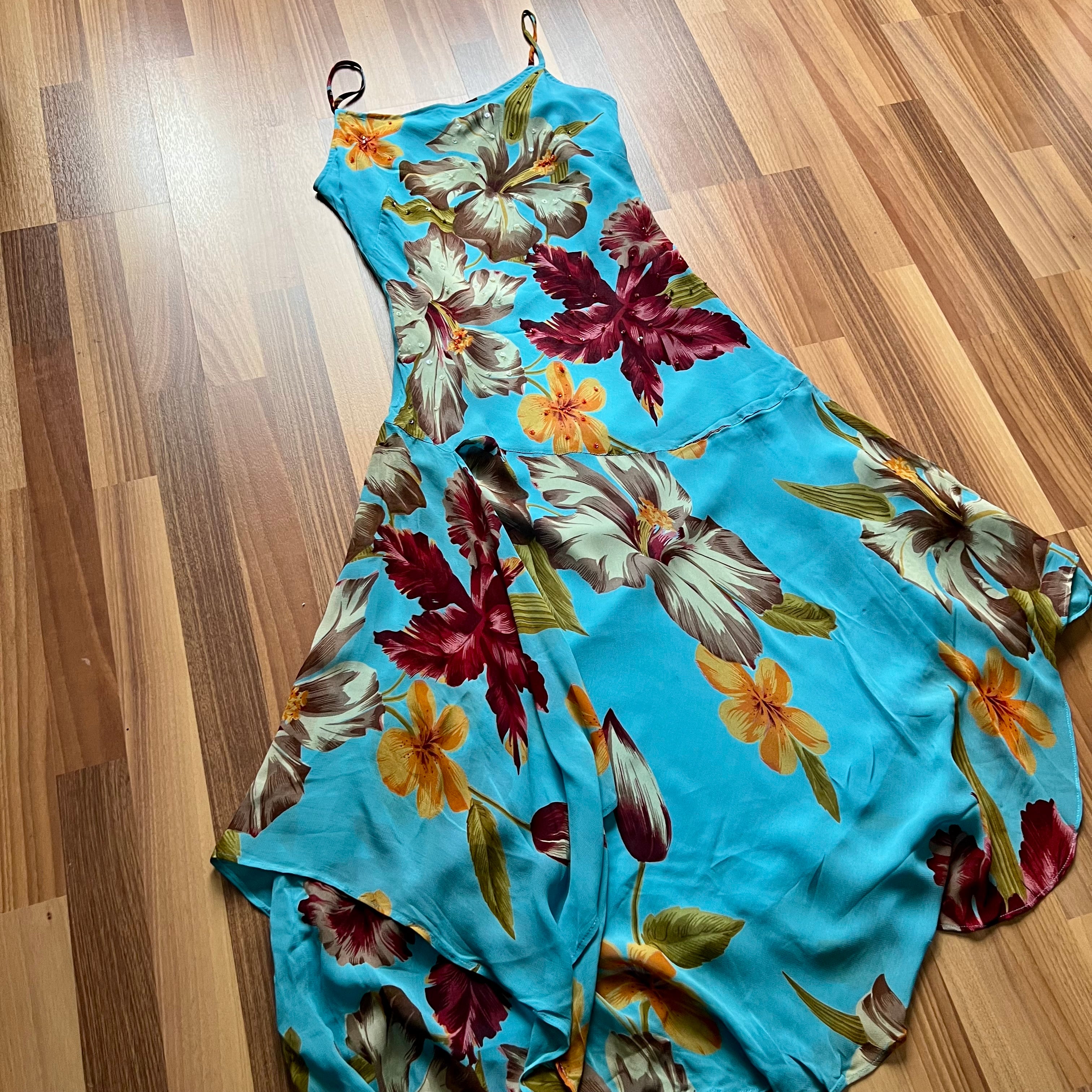 Y2K Blue Floral Fairy Cami Dress-Tropical Print Asymmetric Midi Dress-Spaghetti Straps 2000s Slip Dress
