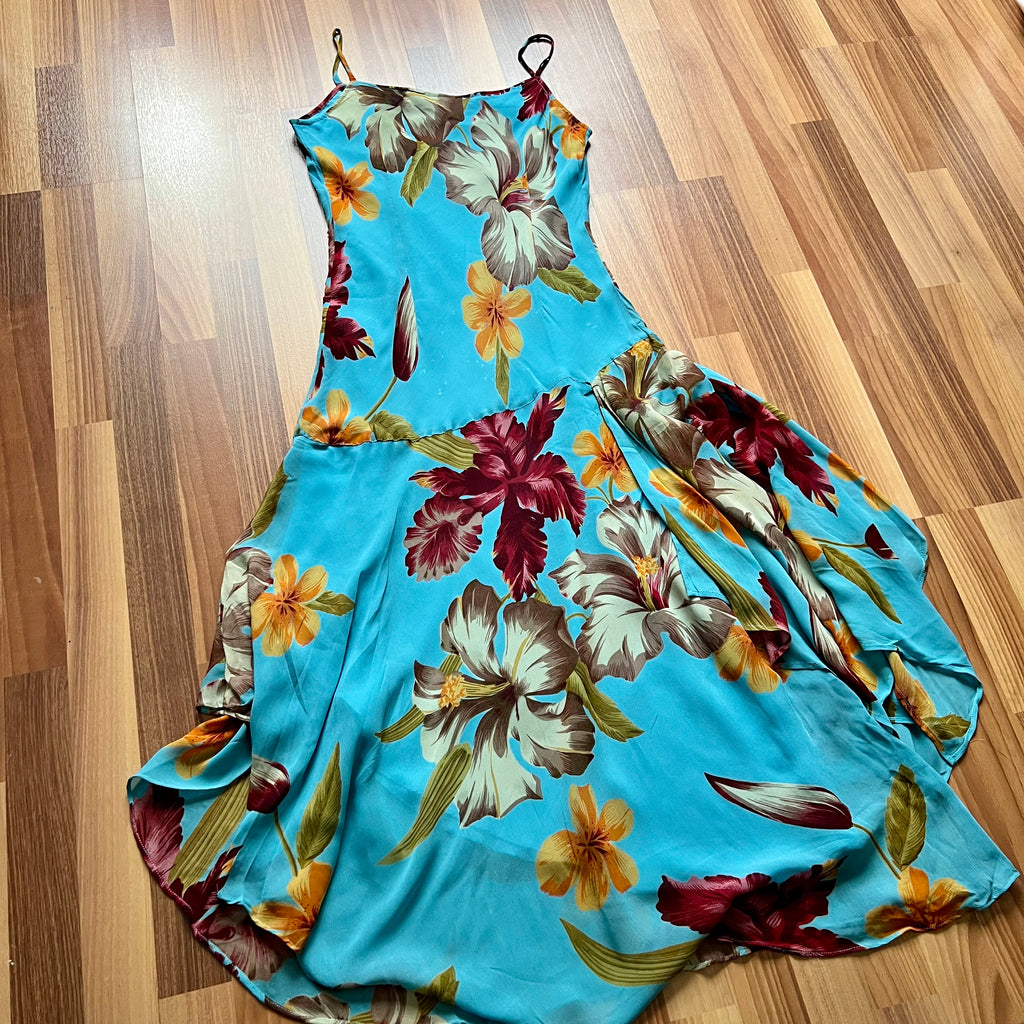 Y2K Blue Floral Fairy Cami Dress- ropical Print Asymmetric Spaghetti Straps 2000s Slip Dress