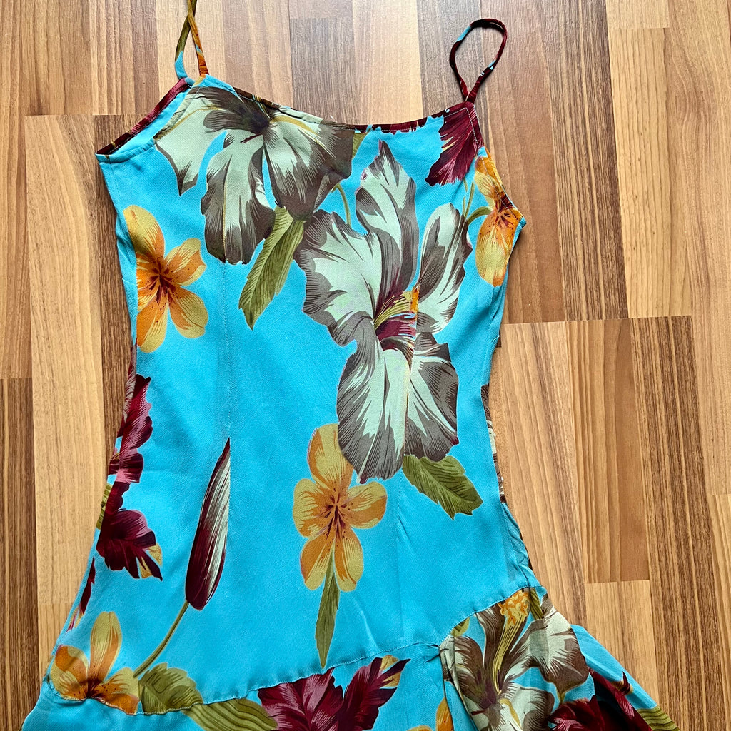 Y2K Blue Floral Fairy Cami Dress-Tropical Print Asymmetric Midi Dress-Spaghetti Straps 2000s Slip Dress