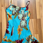 Y2K Blue Floral Fairy Cami Dress-Tropical Print Asymmetric Midi Dress-Spaghetti Straps 2000s Slip Dress
