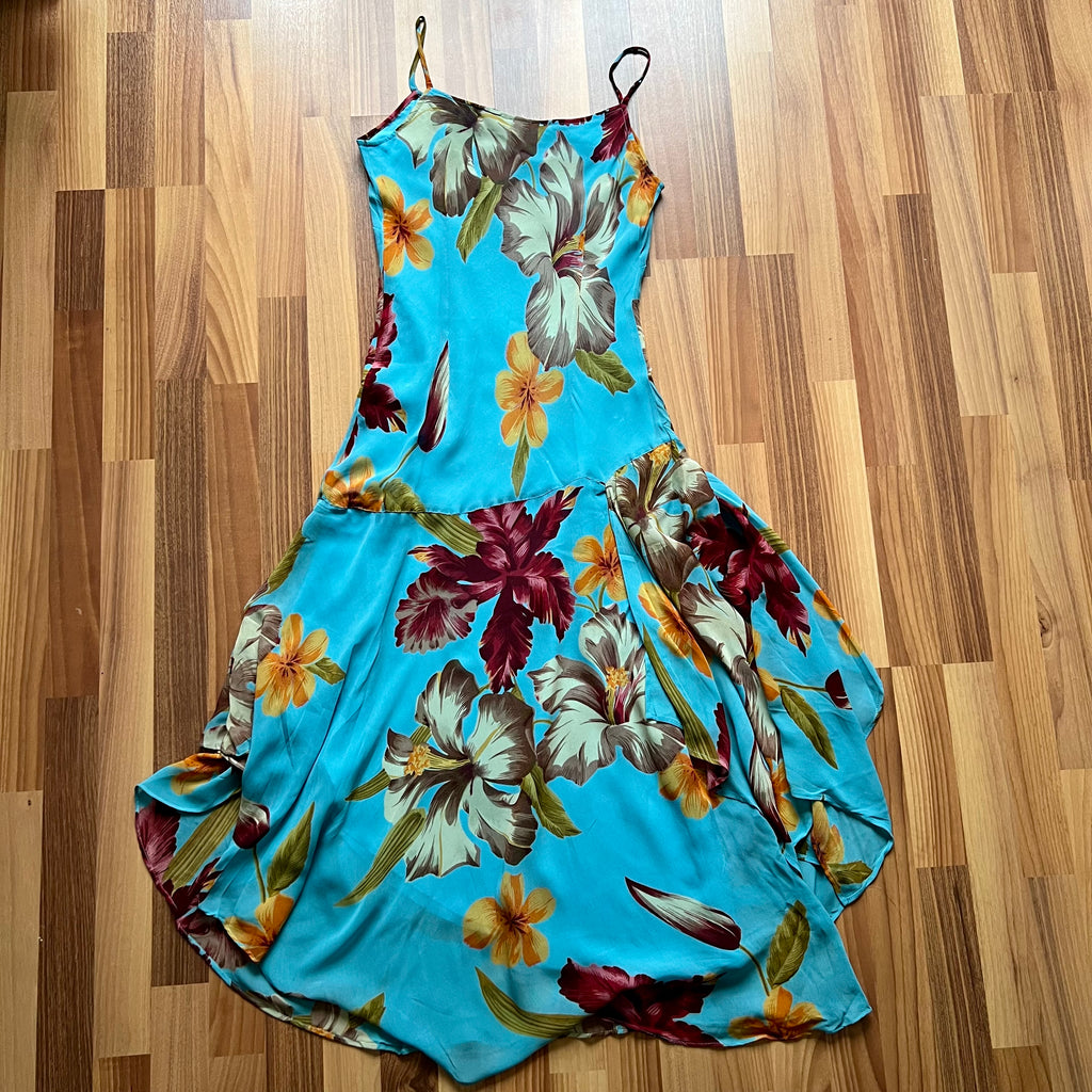 Y2K Blue Floral Fairy Cami Dress-Tropical Print Asymmetric Midi Dress-Spaghetti Straps 2000s Slip Dress