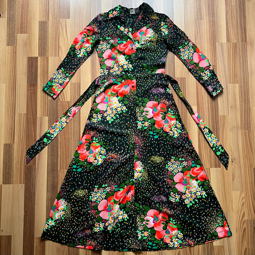 1970s Button Front Floral Maxi Dress-Long Sleeves Dagger Collar Shirt Dress-Psychedelic Mod Aline Dress