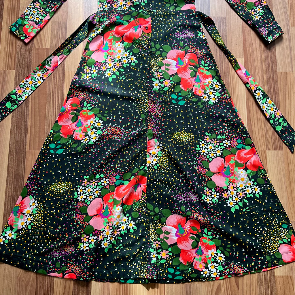 1970s Button Front Floral Maxi Dress-Long Sleeves Dagger Collar Shirt Dress-Psychedelic Mod Aline Dress