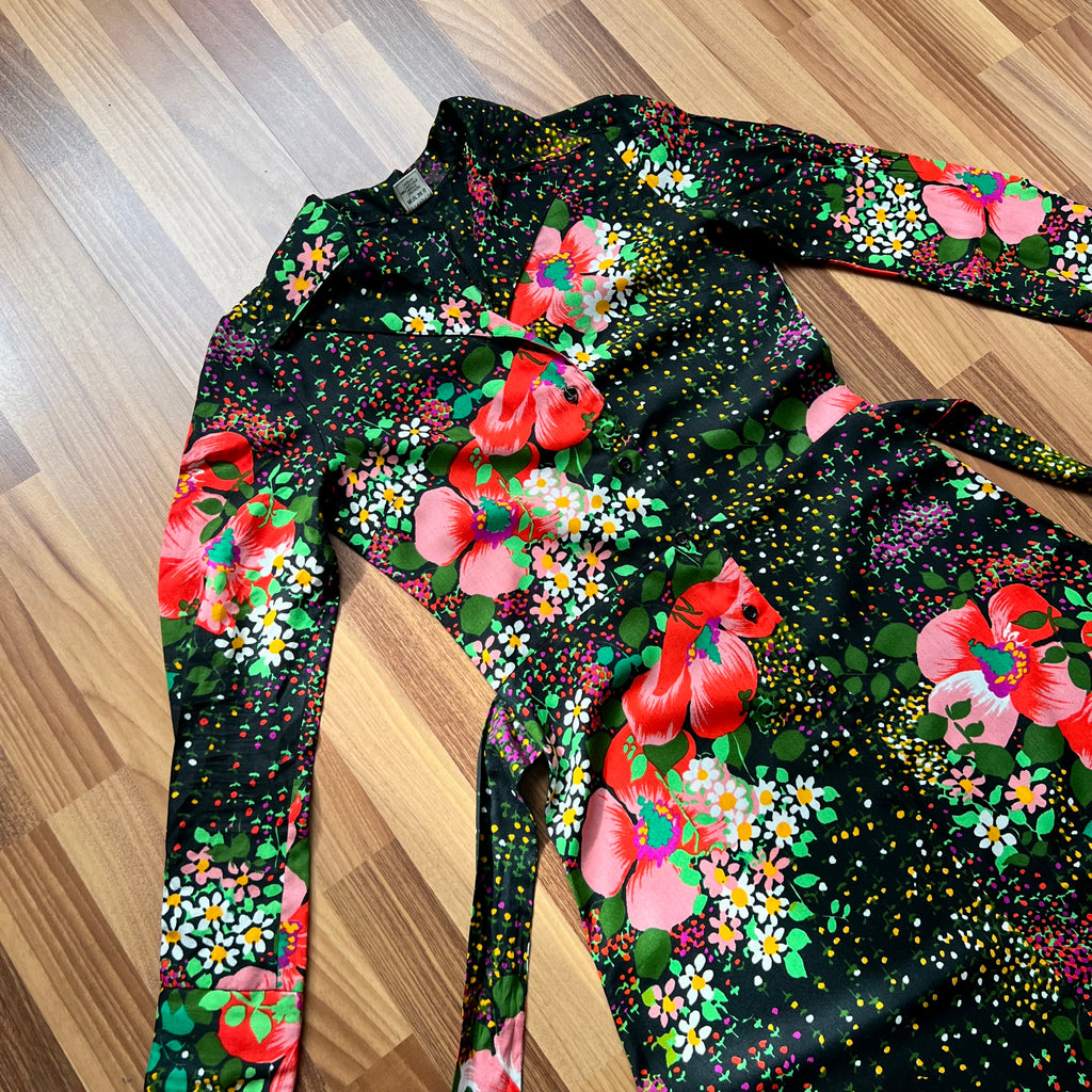 1970s Button Front Floral Maxi Dress-Long Sleeves Dagger Collar Shirt Dress-Psychedelic Mod Aline Dress