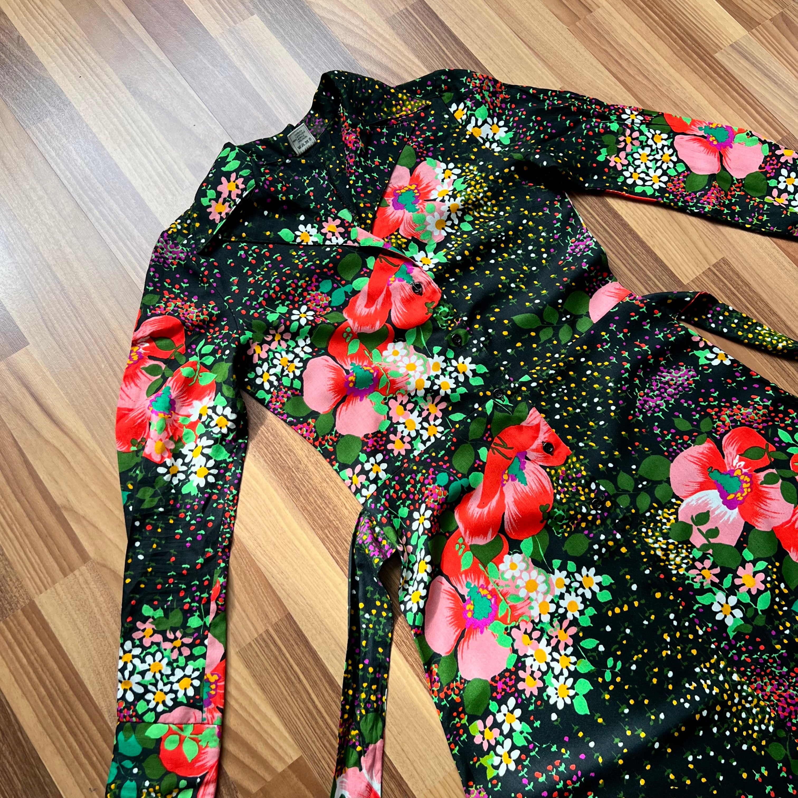 1970s Button Front Floral Maxi Dress-Long Sleeves Dagger Collar Shirt Dress-Psychedelic Mod Aline Dress