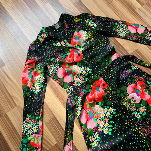 1970s Button Front Floral Maxi Dress-Long Sleeves Dagger Collar Shirt Dress-Psychedelic Mod Aline Dress