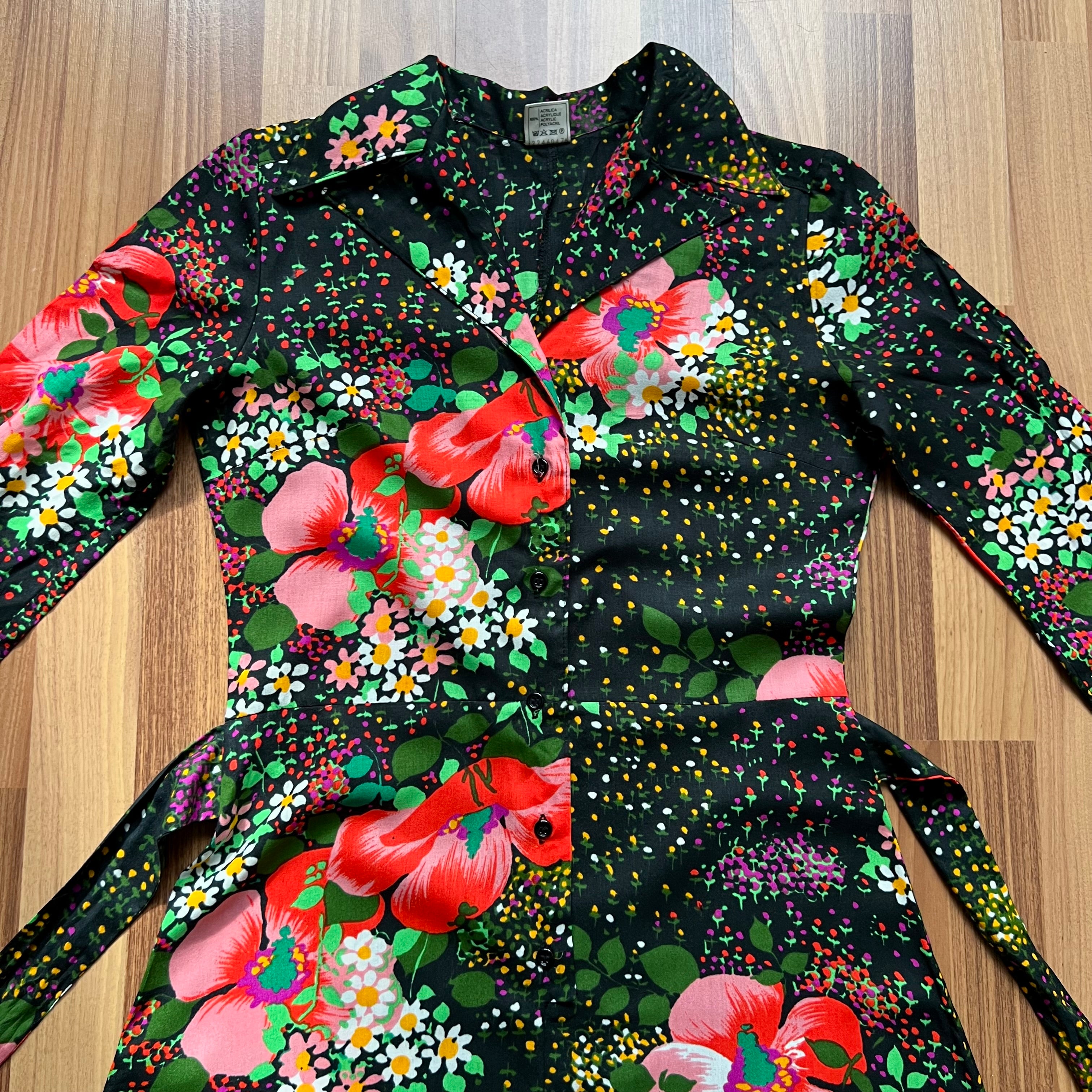 1970s Button Front Floral Maxi Dress-Long Sleeves Dagger Collar Shirt Dress-Psychedelic Mod Aline Dress