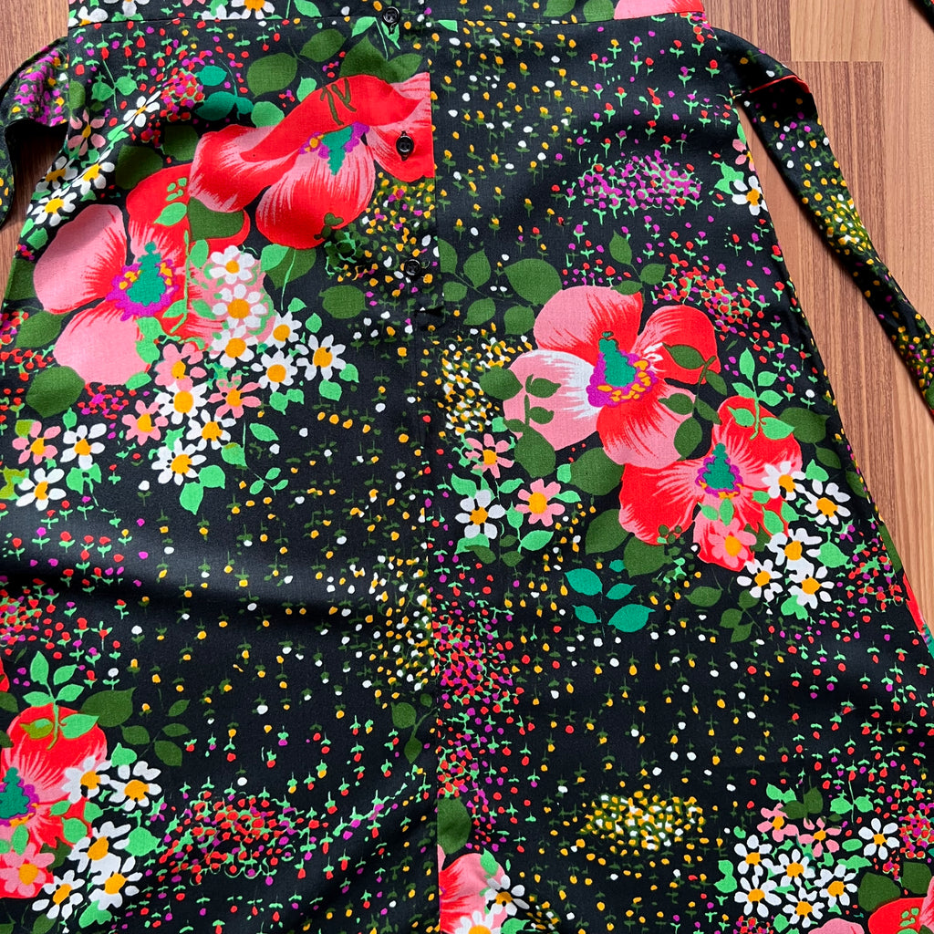 1970s Button Front Floral Maxi Dress-Long Sleeves Dagger Collar Shirt Dress-Psychedelic Mod Aline Dress