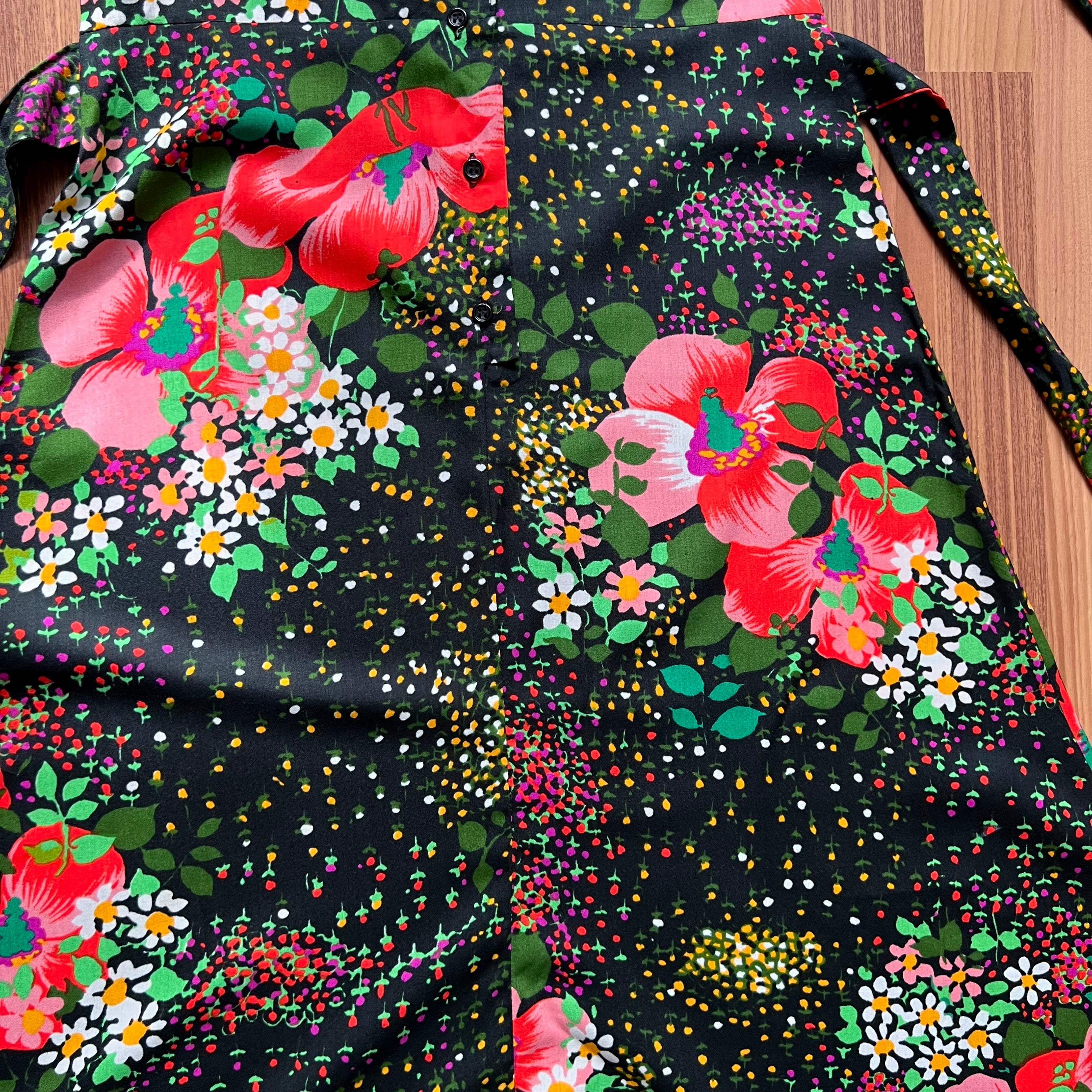 1970s Button Front Floral Maxi Dress-Long Sleeves Dagger Collar Shirt Dress-Psychedelic Mod Aline Dress