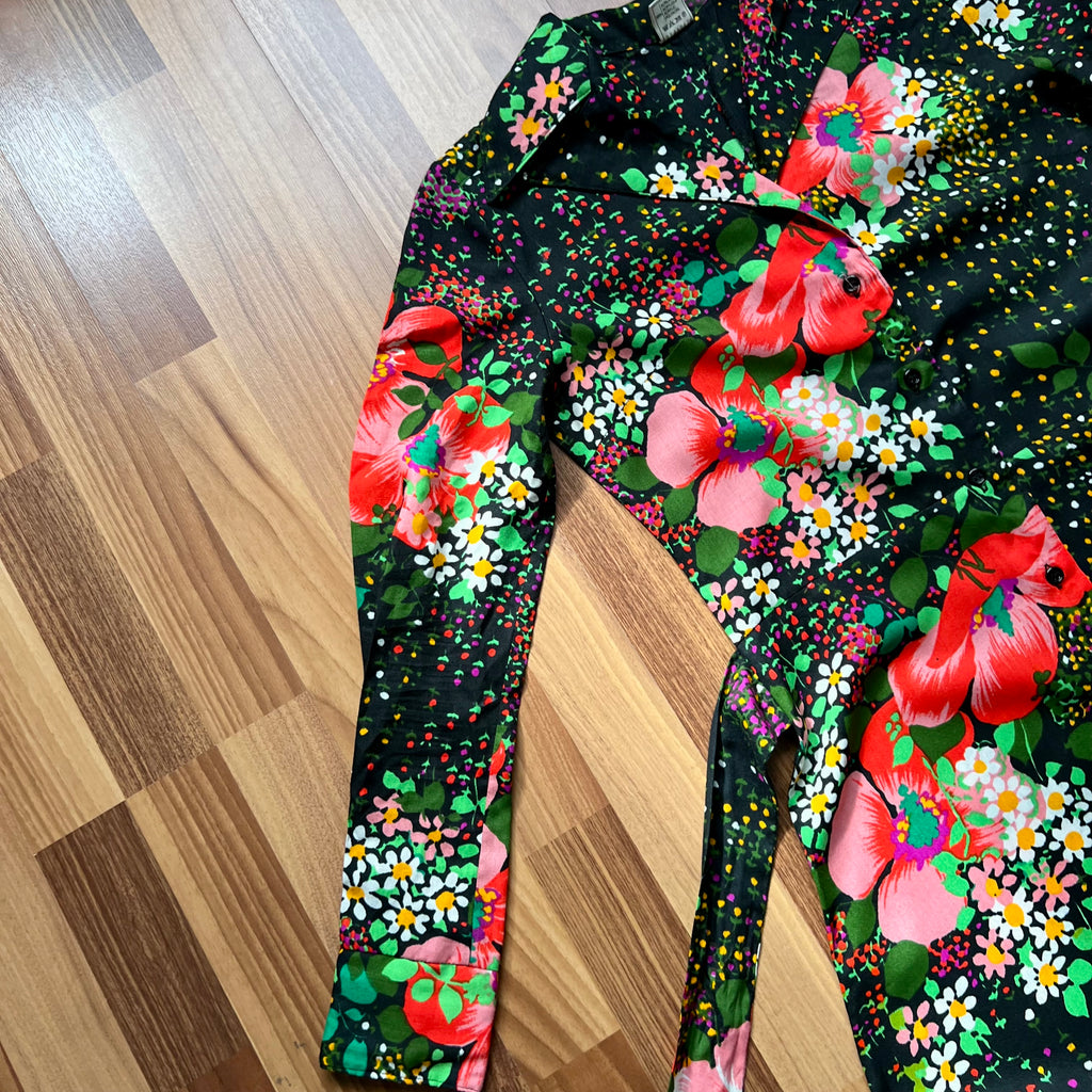 1970s Button Front Floral Maxi Dress-Long Sleeves Dagger Collar Shirt Dress-Psychedelic Mod Aline Dress