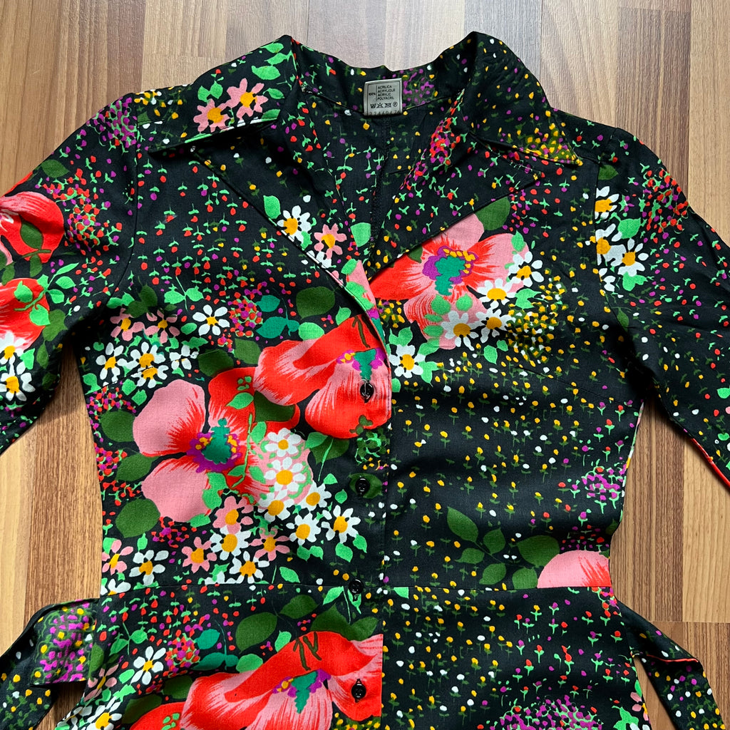 1970s Button Front Floral Maxi Dress-Long Sleeves Dagger Collar Shirt Dress-Psychedelic Mod Aline Dress