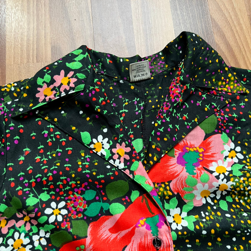 1970s Button Front Floral Maxi Dress-Long Sleeves Dagger Collar Shirt Dress-Psychedelic Mod Aline Dress