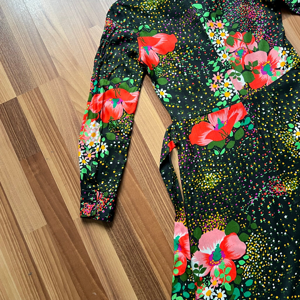 1970s Button Front Floral Maxi Dress-Long Sleeves Dagger Collar Shirt Dress-Psychedelic Mod Aline Dress