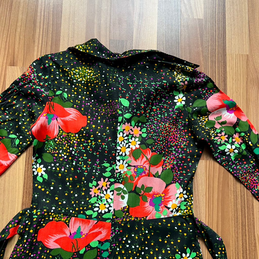 1970s Button Front Floral Maxi Dress-Long Sleeves Dagger Collar Shirt Dress-Psychedelic Mod Aline Dress