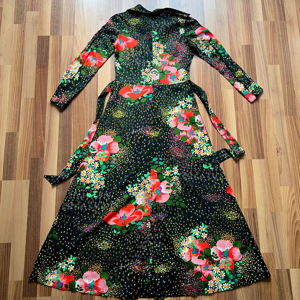1970s Button Front Floral Maxi Dress-Long Sleeves Dagger Collar Shirt Dress-Psychedelic Mod Aline Dress