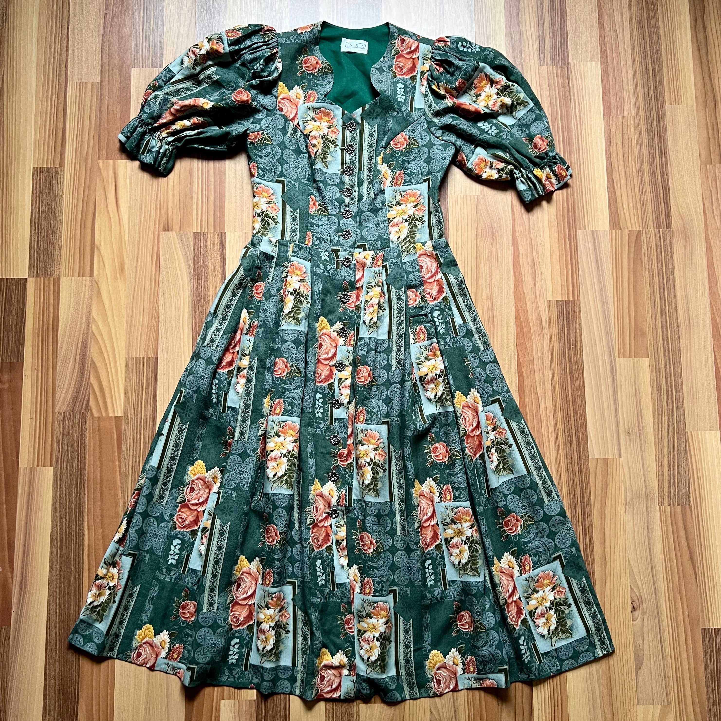 1980s Floral Cottagecore Midi Dress-Austrian Folk Puff Sleeves Trachten Dirndl Dress EU 40