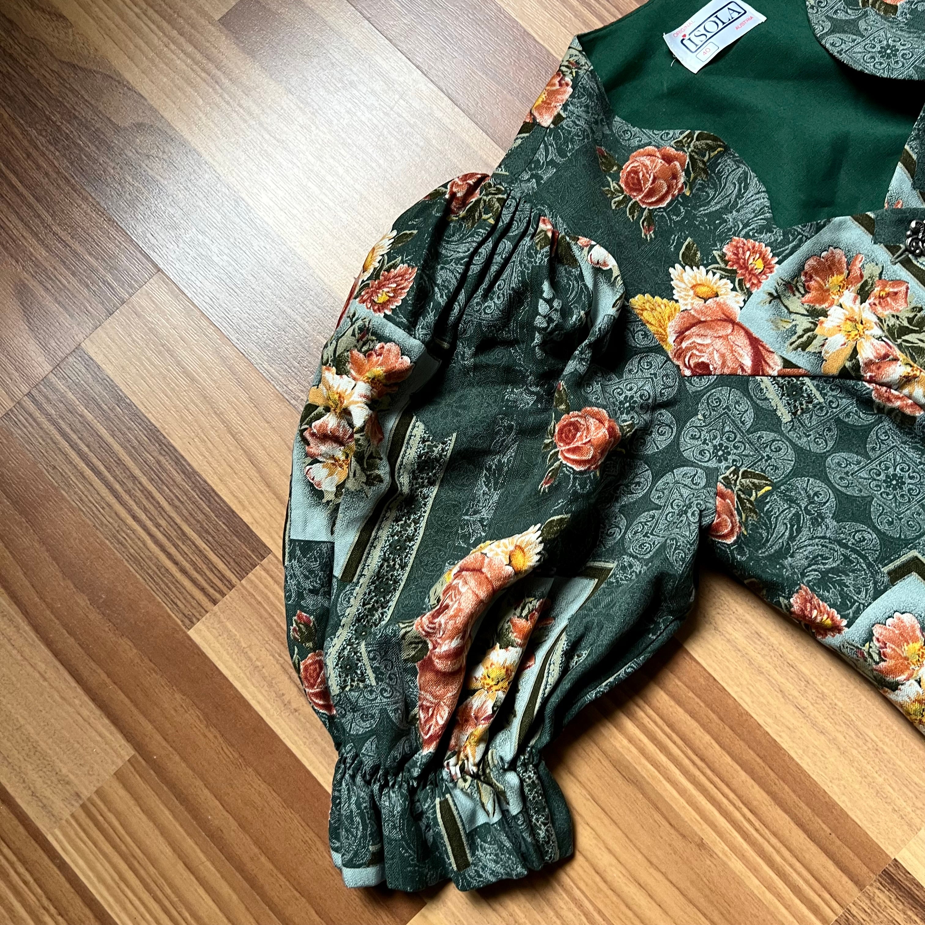 1980s Floral Cottagecore Midi Dress-Austrian Folk Puff Sleeves Trachten Dirndl Dress EU 40