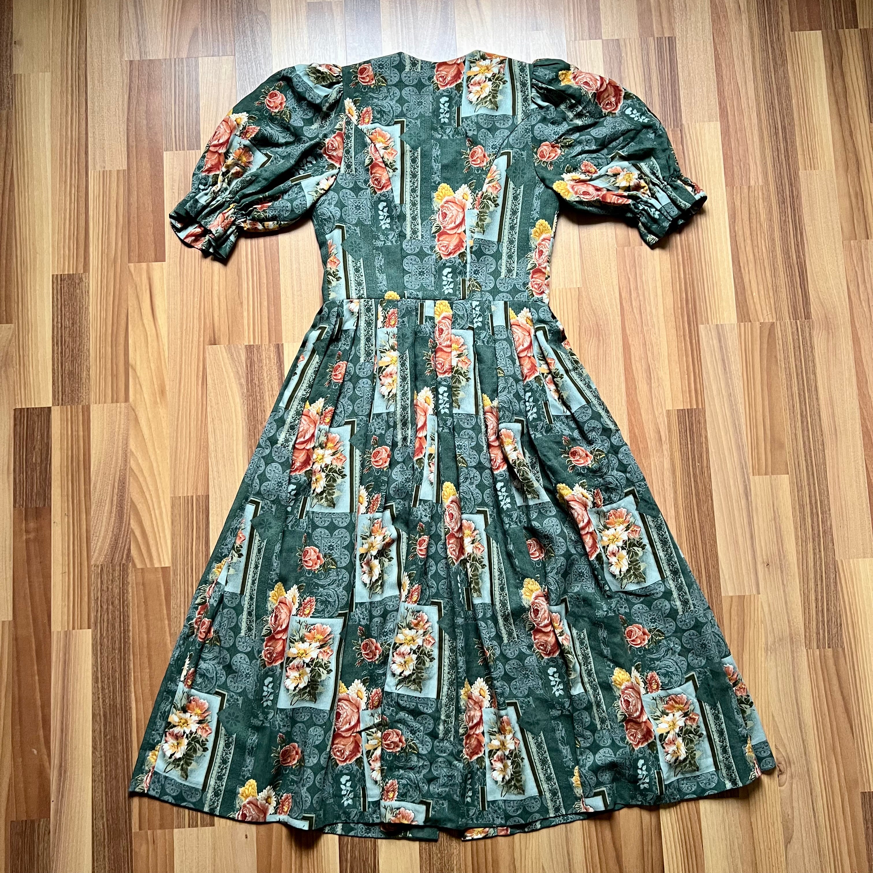 1980s Floral Cottagecore Midi Dress-Austrian Folk Puff Sleeves Trachten Dirndl Dress EU 40