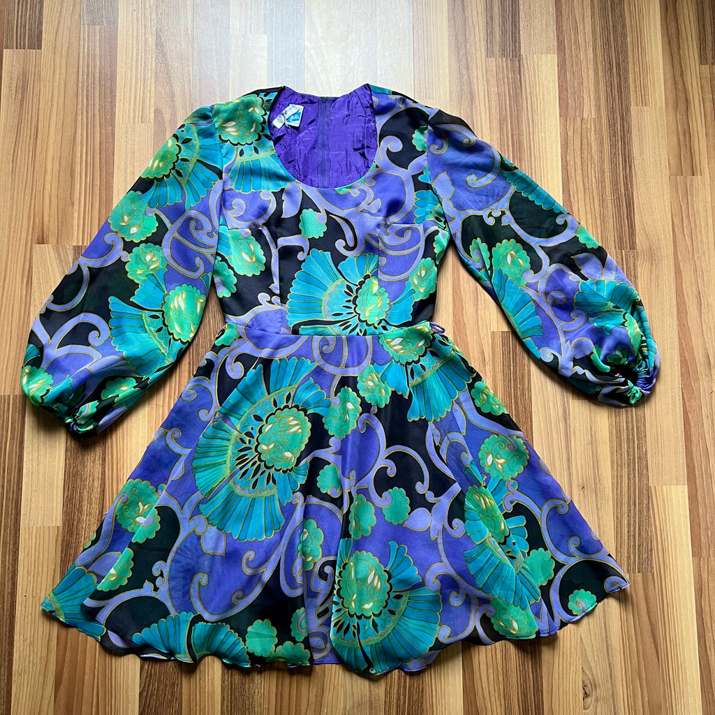 1970s JOBI Psychedelic Floral Mini Dress-Bishop Sleeve Mod Dress-Groovy Cocktail Dress-