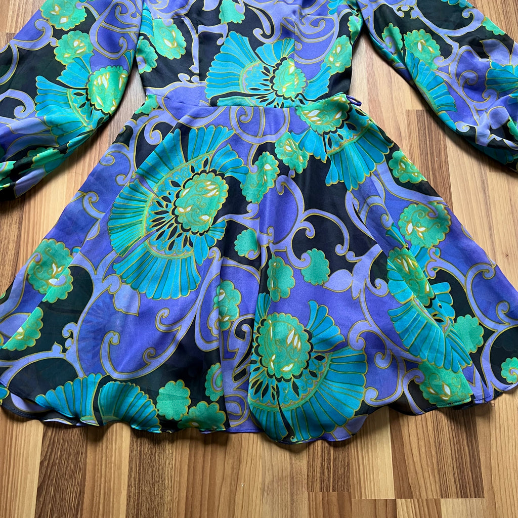 1970s JOBI Psychedelic Floral Mini Dress Bishop Sleeve Mod Dress-Groovy Cocktail Dress EU 40
