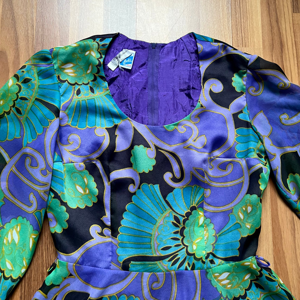 1970s JOBI Psychedelic Floral Mini Dress Bishop Sleeve Mod Dress-Groovy Cocktail Dress EU 40
