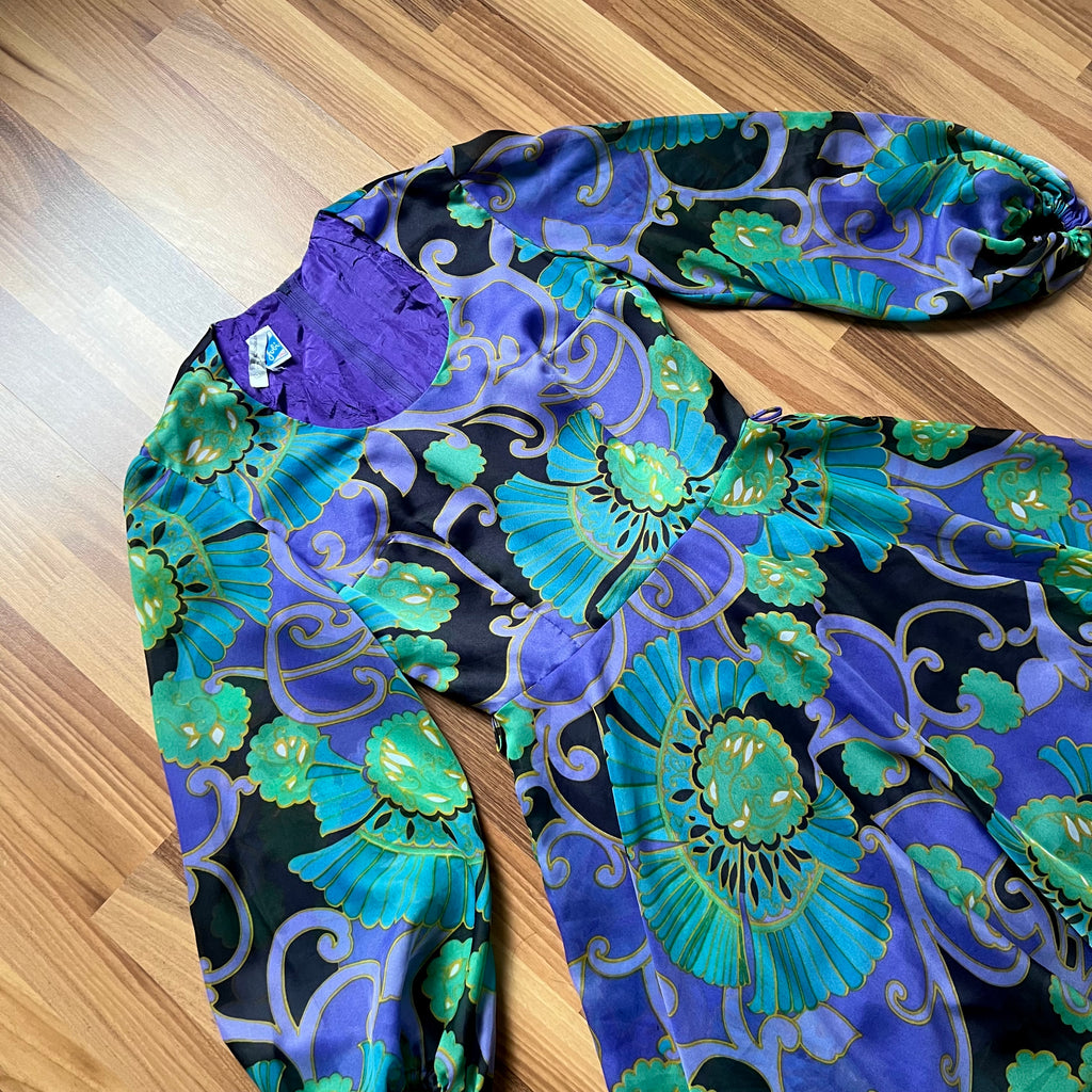 1970s JOBI Psychedelic Floral Mini Dress Bishop Sleeve Mod Dress-Groovy Cocktail Dress EU 40