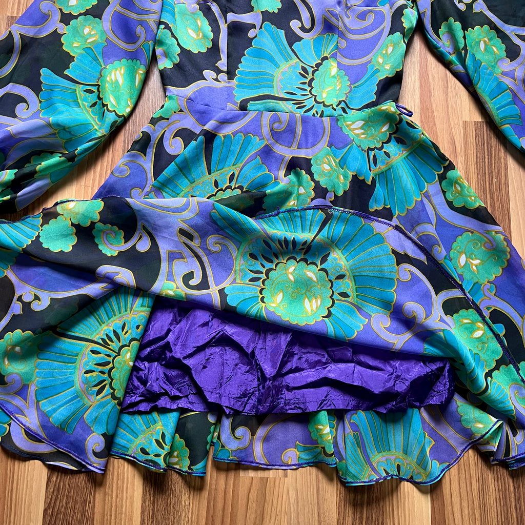 1970s JOBI Psychedelic Floral Mini Dress Bishop Sleeve Mod Dress-Groovy Cocktail Dress EU 40