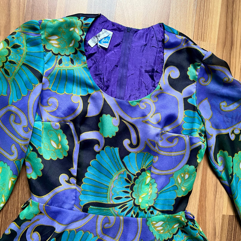 1970s JOBI Psychedelic Floral Mini Dress Bishop Sleeve Mod Dress-Groovy Cocktail Dress EU 40