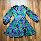 1970s JOBI Psychedelic Floral Mini Dress Bishop Sleeve Mod Dress-Groovy Cocktail Dress EU 40
