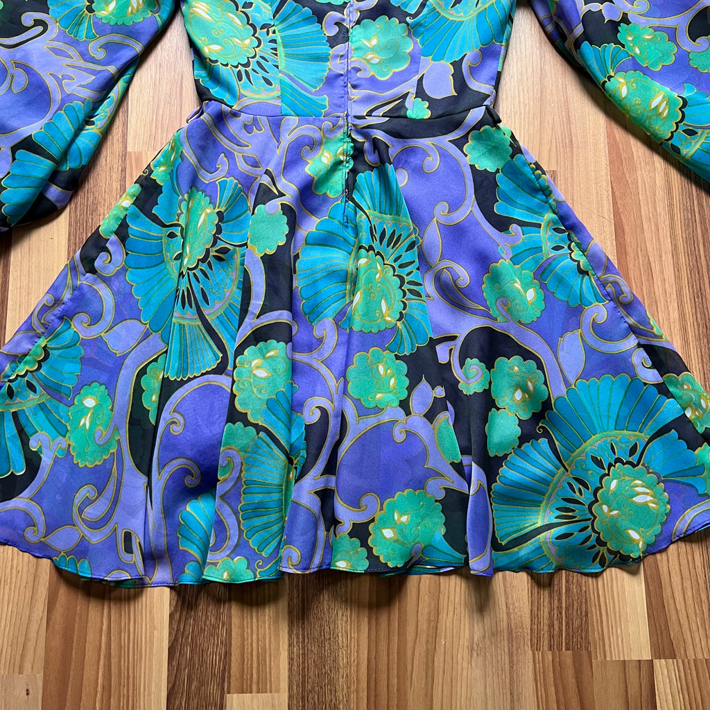 1970s JOBI Psychedelic Floral Mini Dress Bishop Sleeve Mod Dress-Groovy Cocktail Dress EU 40