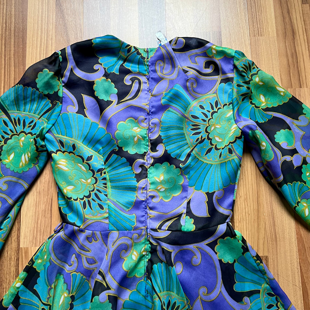 1970s JOBI Psychedelic Floral Mini Dress Bishop Sleeve Mod Dress-Groovy Cocktail Dress EU 40