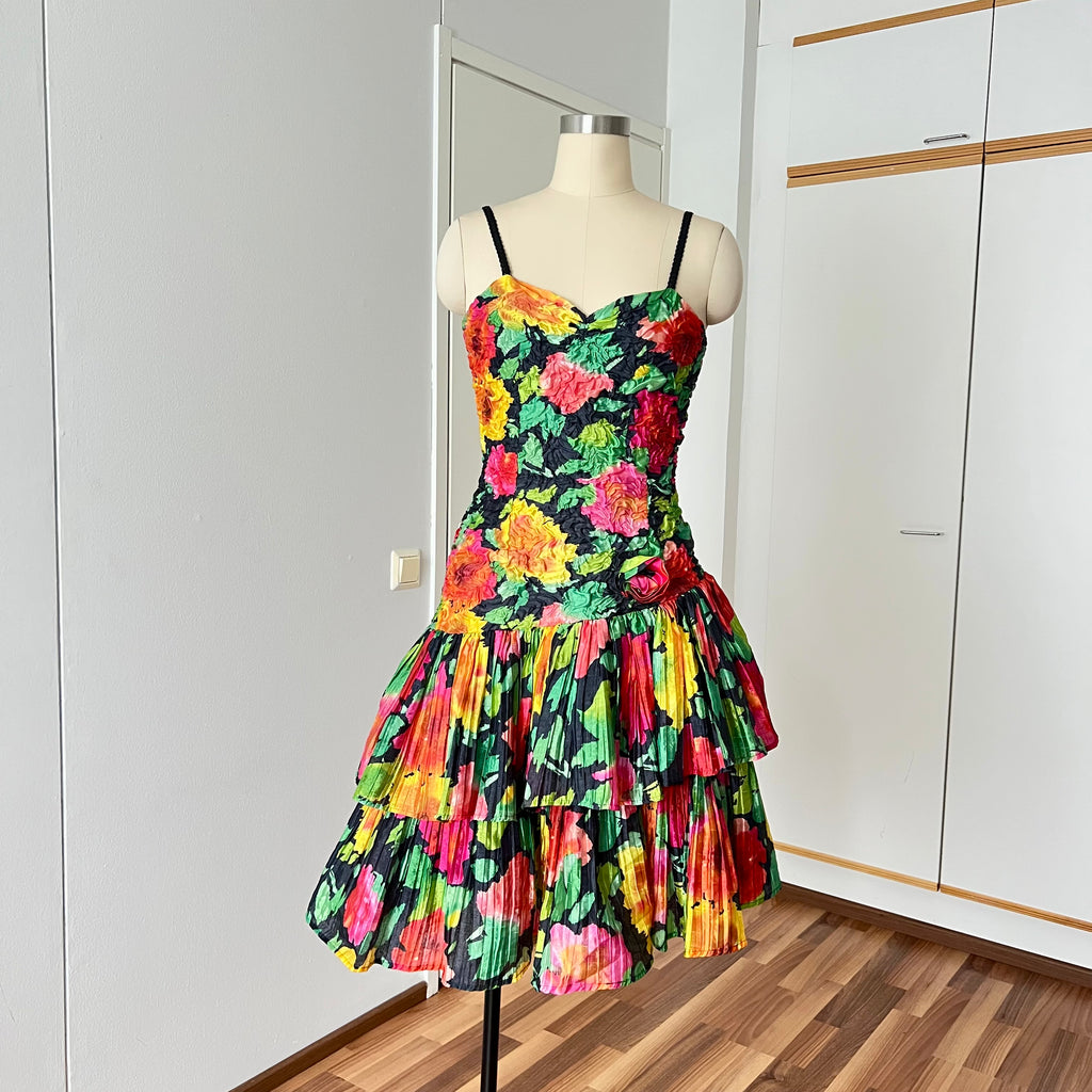 1980s Floral Cocktail Prom Party Dress-Plisse Crinkle Ruffle Gown