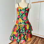 1980s Floral Cocktail Prom Party Dress-Plisse Crinkle Ruffle Gown