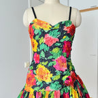 1980s Floral Cocktail Prom Party Dress-Plisse Crinkle Ruffle Gown