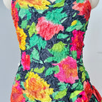 1980s Floral Cocktail Prom Party Dress-Plisse Crinkle Ruffle Gown