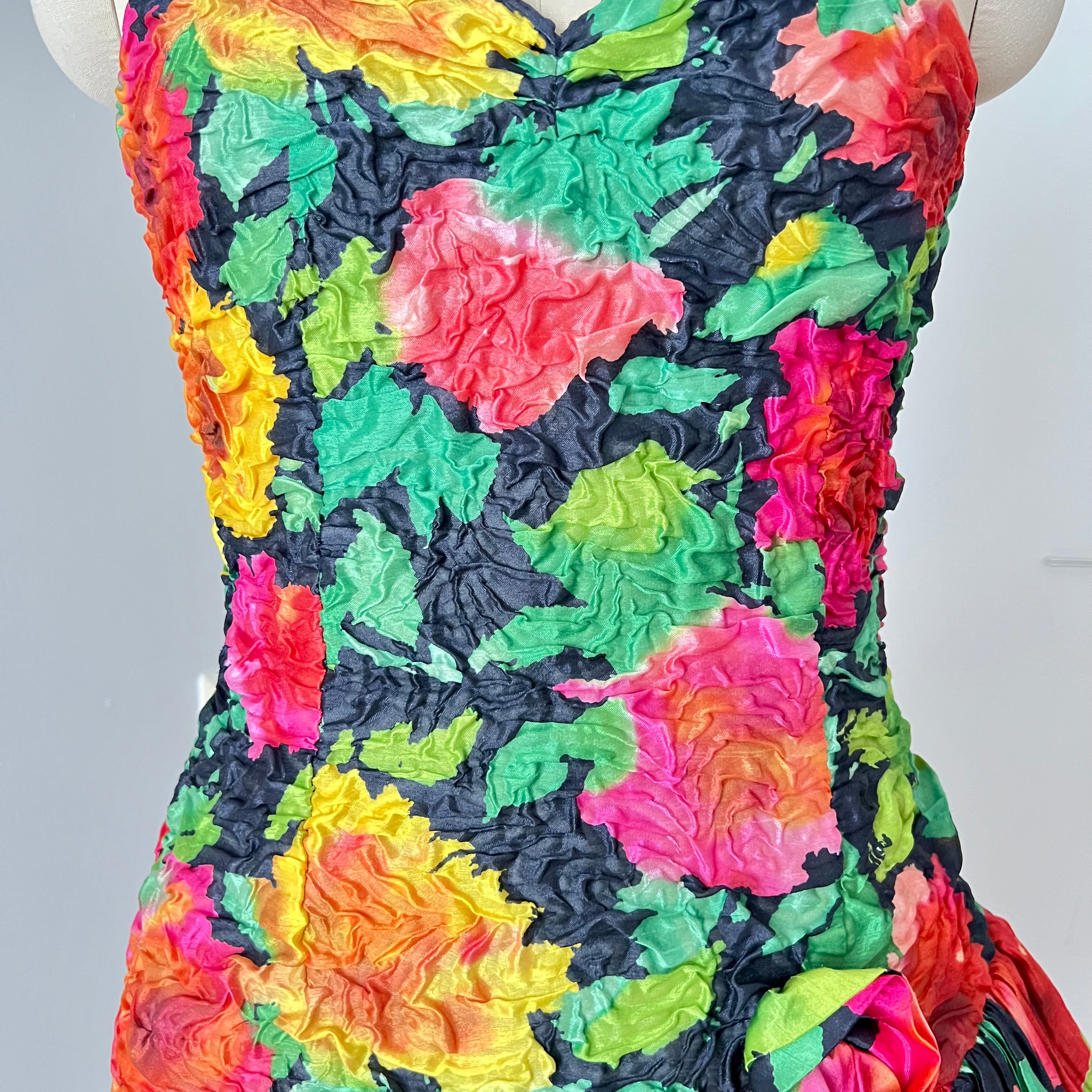 1980s Floral Cocktail Prom Party Dress-Plisse Crinkle Ruffle Gown