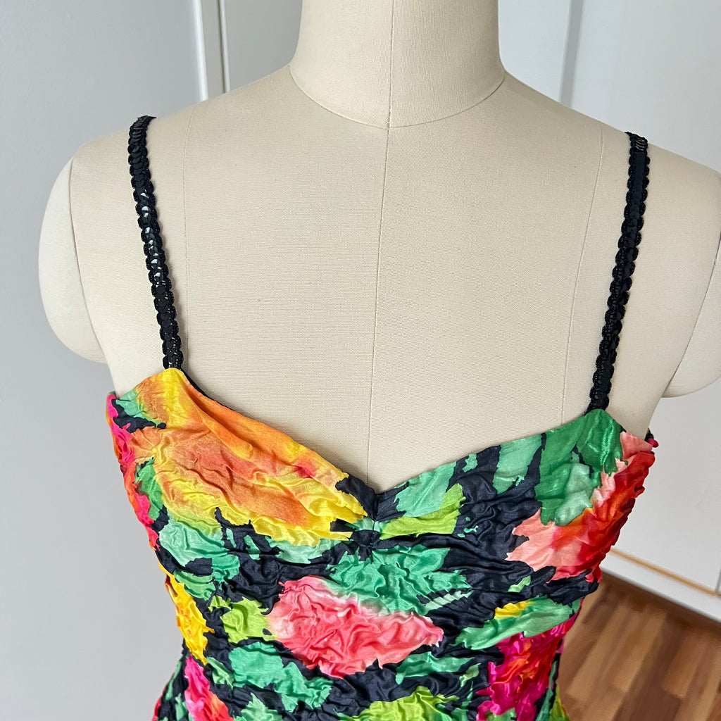 1980s Floral Cocktail Prom Party Dress-Plisse Crinkle Ruffle Gown