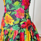 1980s Floral Cocktail Prom Party Dress-Plisse Crinkle Ruffle Gown