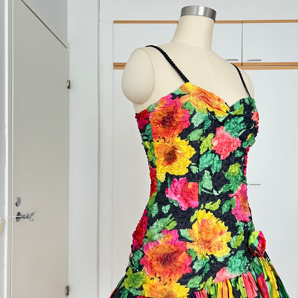 1980s Floral Cocktail Prom Party Dress-Plisse Crinkle Ruffle Gown