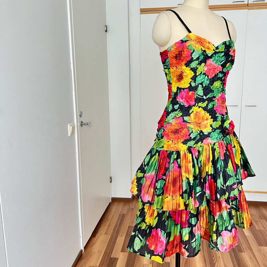 1980s Floral Cocktail Prom Party Dress-Plisse Crinkle Ruffle Gown